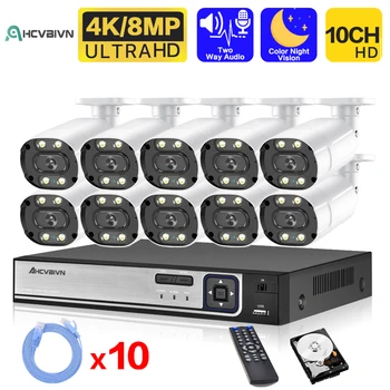 Система видеонаблюдения 4K Ultra HD POE NVR Kit 10-Канальный Цветной Комплект камеры Ночного Видения CCTV Комплект камеры видеонаблюдения 8-Мегапиксельной IP-камеры P2P